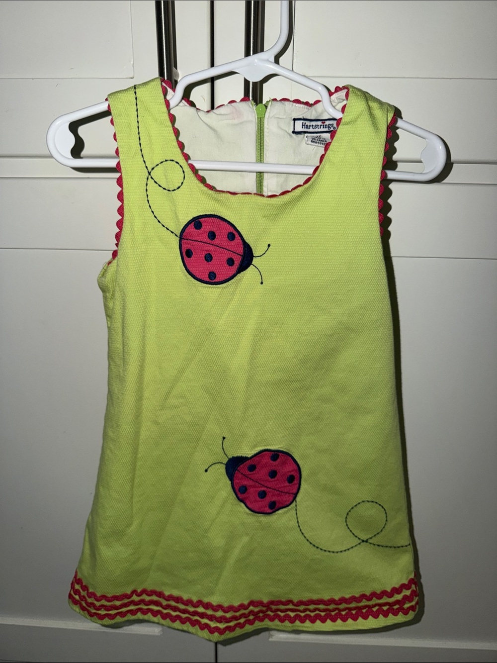 Hartstrings Lime Green Dress with Pink Ladybug Appliqués